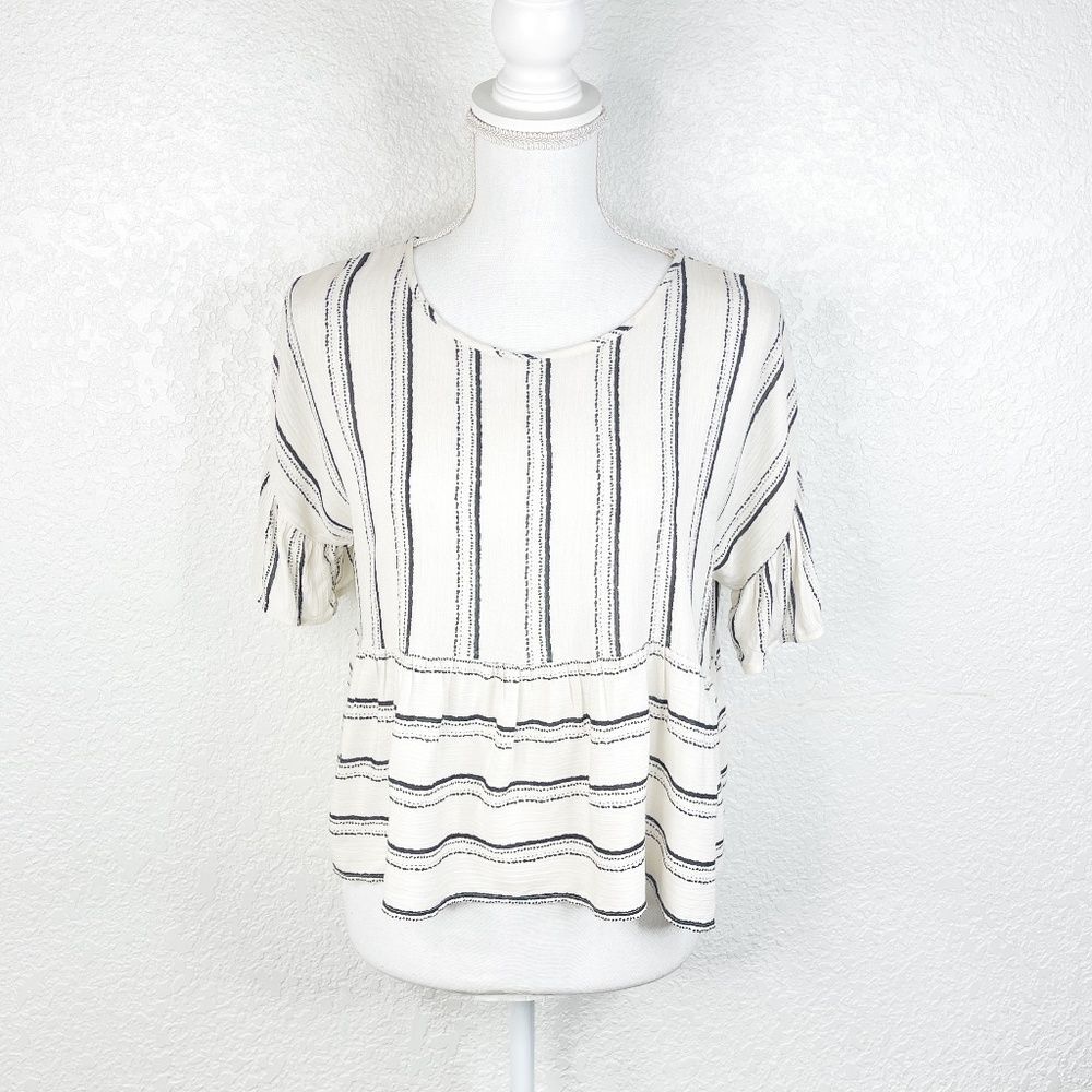 NWT Anthropologie Paper Crane Black White Striped Ruffle Sleeve/Hem Crop Top XS